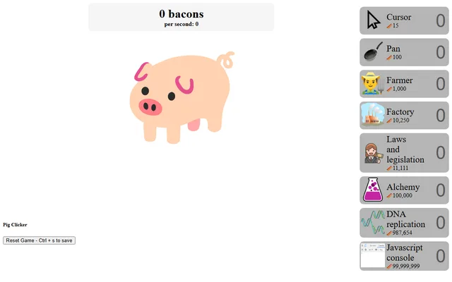 Pig Clicker running in a browser