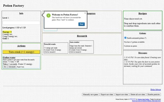 Potion Factory running in a browser